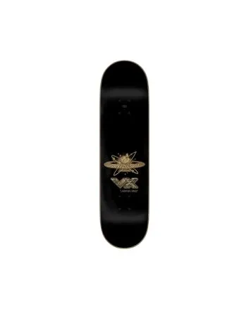 Tabla de skate Santa Cruz Maurio McCoy Cosmic Eagle VX Twin Pro 8.25 con gráfico dorado metalizado y shape twin simétrico.