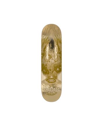 Tabla de skate Santa Cruz Maurio McCoy Cosmic Eagle VX Twin Pro 8.25 con gráfico dorado metalizado y shape twin simétrico.