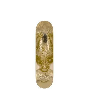 Tabla de skate Santa Cruz Maurio McCoy Cosmic Eagle VX Twin Pro 8.25 con gráfico dorado metalizado y shape twin simétrico.