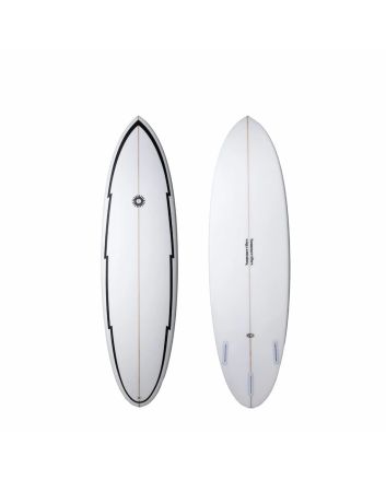 Tabla de surf Summer Vibes Discus 6'4 blanca y negra con configuración thruster 43,1L