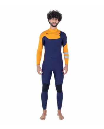 Hombre con traje de neopreno con cremallera en el pecho Hurley Advant 4/3mm Fullsuit Azul Marino y Naranja