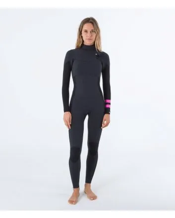 Mujer con traje de surf con cremallera en el pecho Hurley Plus 4/3mm negro grafito