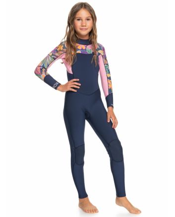 Niña con traje de Neopreno con cremallera posterior Roxy Girl Swell Series 4/3mm Azul Marino Floral 