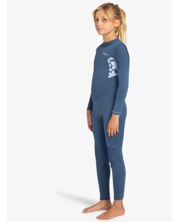 Niña con traje de Neopreno con cremallera posterior Roxy Girl Swell Series 4/3mm Azul y Blanco Floral 