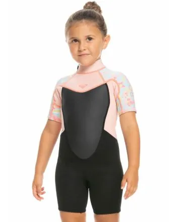 Niña con Traje de Surf de Primavera con Manga Corta y Cremallera en la Espalda 2/2mm Prologue Tiny 2-7 años Rosa Floral